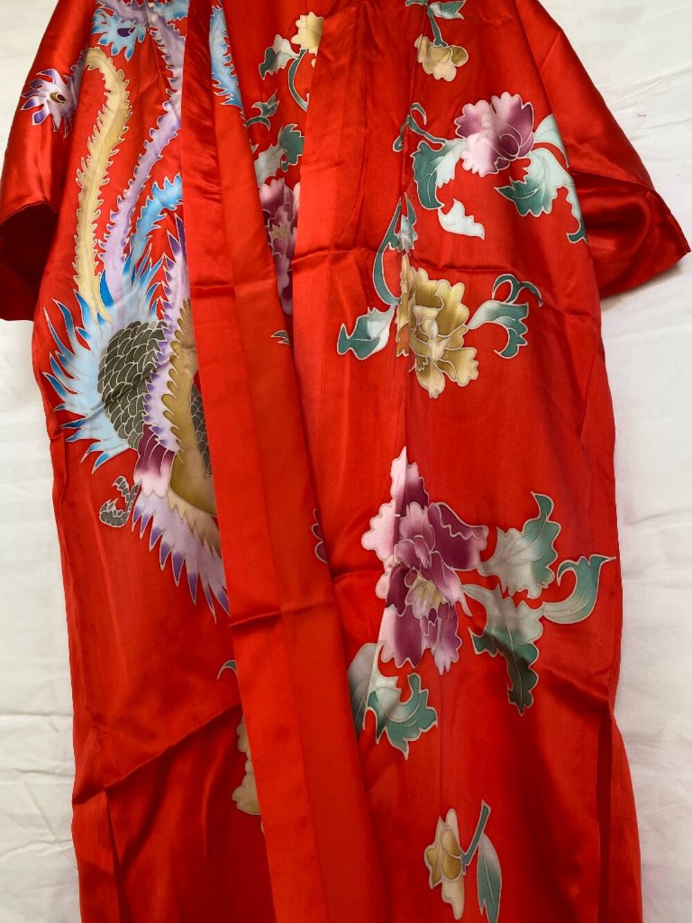Chinese Silk Robe – Red Floral & Phoenix Print – Long Lightweight Robe - Picture 2 of 7